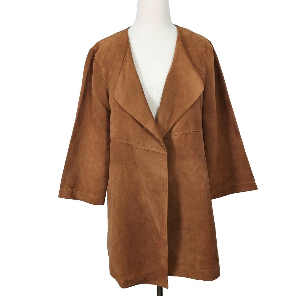 Potters Pot Faux Suede Jacket Womens Size Large Open Front Lined Brown Pockets